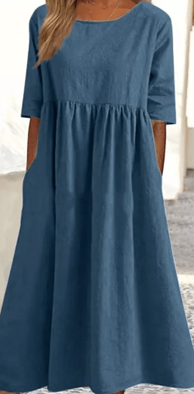 Luna - Baumwollkleid für Damen mit Taschen und blauem Kunstdruck