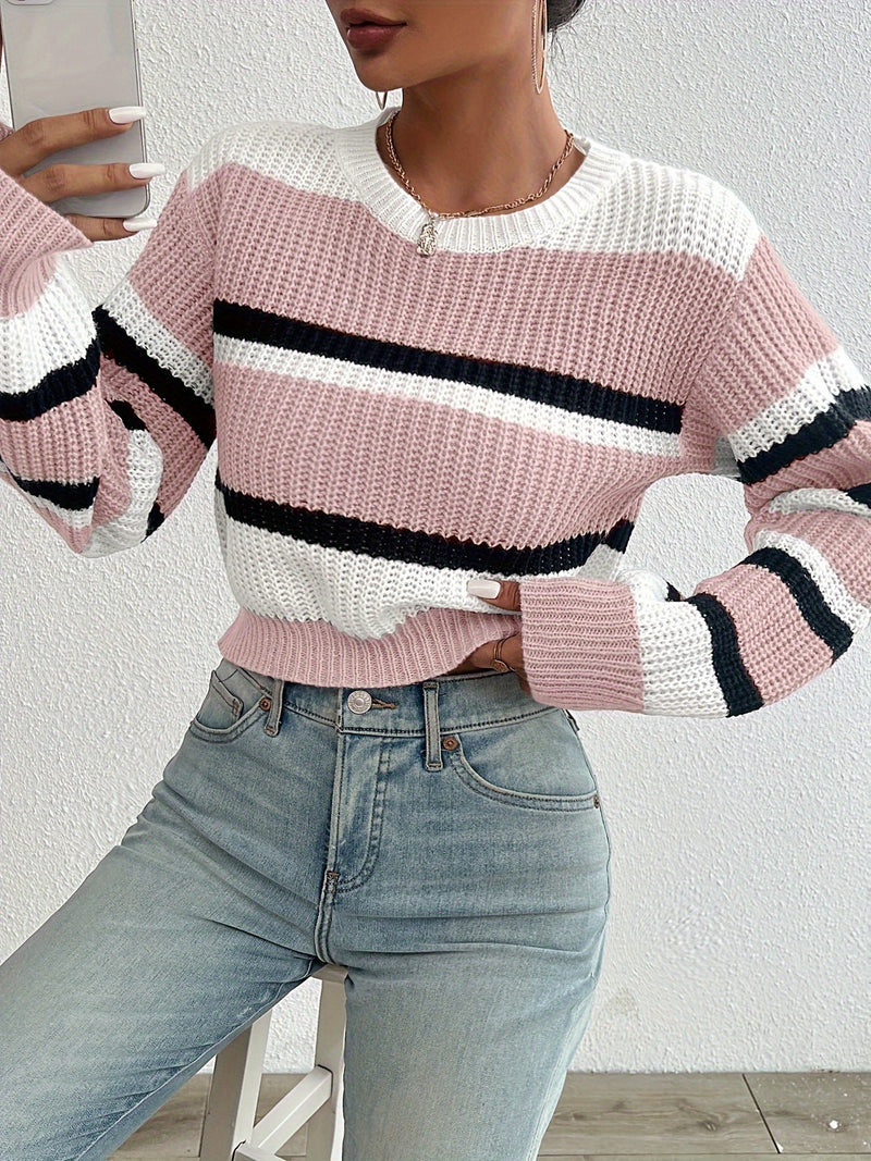 Colorblock Strickpullover mit fallenden Schultern – Trendy und bequem