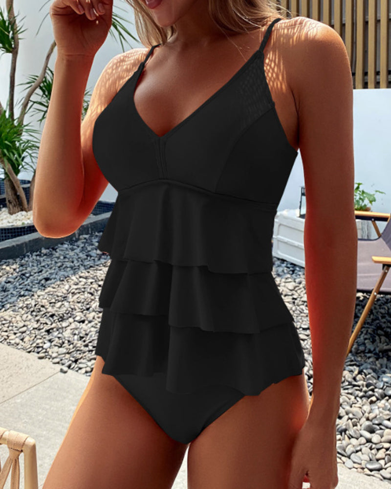 Ingrid – Einfarbiger Tankini Mit Rüschen Und Schlitz