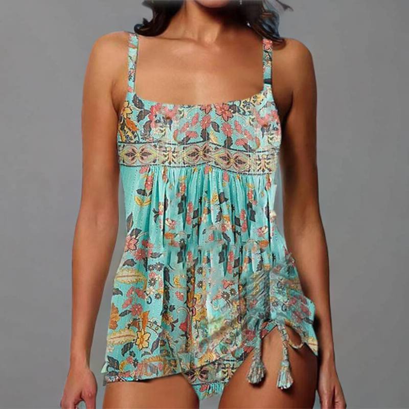 Theresa – Türkisfarbener Tankini-Badeanzug Mit Blumenmuster