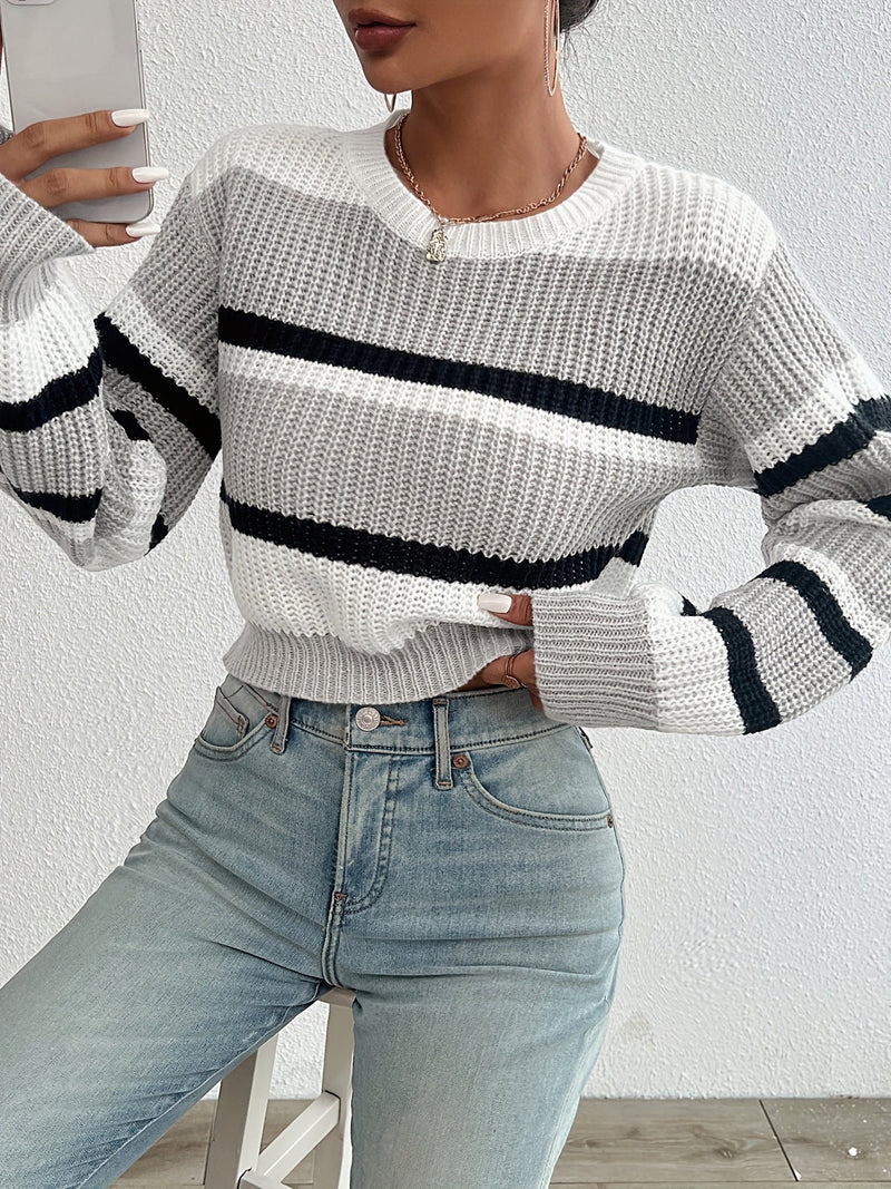 Colorblock Strickpullover mit fallenden Schultern – Trendy und bequem